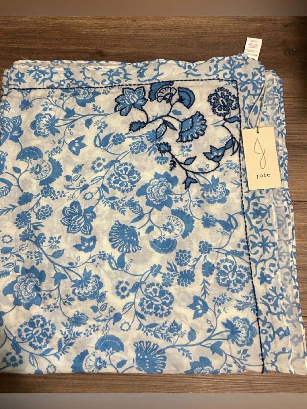 JOIE long 100% cotton Blue & White Floral Embroidered Scarf 40” X 72” , NWT